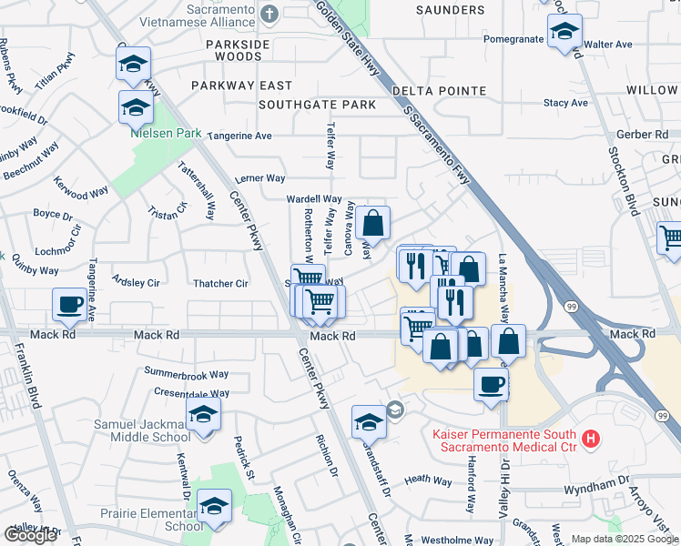 map of restaurants, bars, coffee shops, grocery stores, and more near 7748 Telfer Way in Sacramento