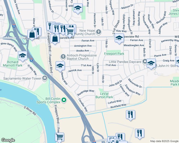 map of restaurants, bars, coffee shops, grocery stores, and more near 7731 18th Street in Sacramento