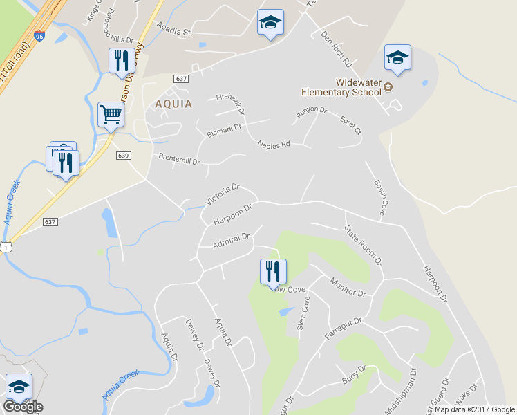 map of restaurants, bars, coffee shops, grocery stores, and more near 2121 Harpoon Drive in Stafford