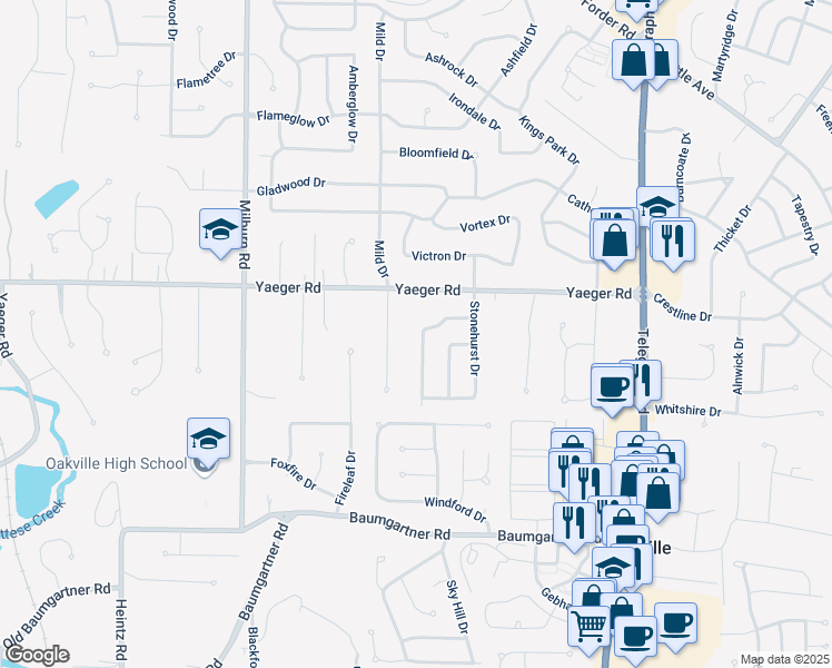 map of restaurants, bars, coffee shops, grocery stores, and more near 5401 Danforth Drive in St. Louis