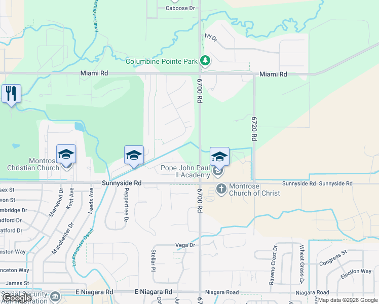 map of restaurants, bars, coffee shops, grocery stores, and more near 2845 Stoney Creek Lane in Montrose