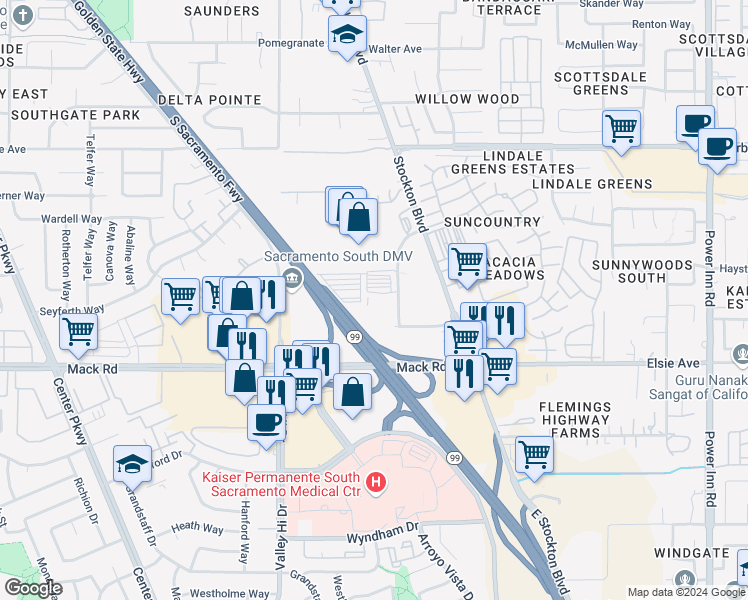 map of restaurants, bars, coffee shops, grocery stores, and more near 40 Massie Court in Sacramento