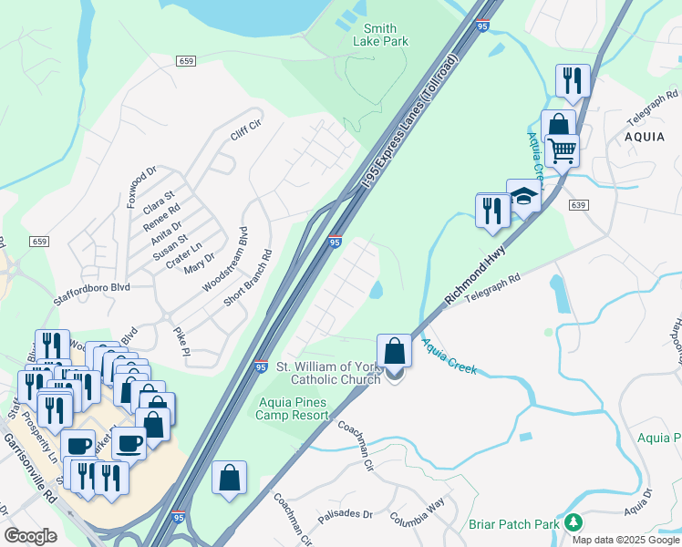 map of restaurants, bars, coffee shops, grocery stores, and more near 104 Sand Dollar Cove in Stafford
