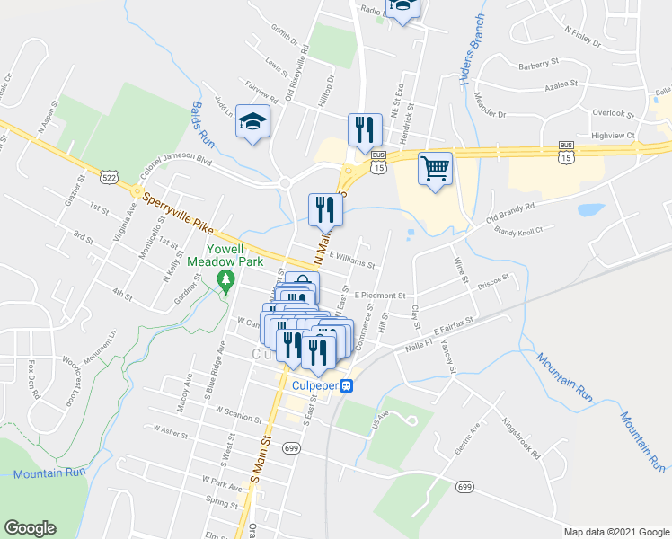 map of restaurants, bars, coffee shops, grocery stores, and more near 122 East Evans Street in Culpeper