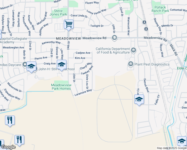 map of restaurants, bars, coffee shops, grocery stores, and more near 7715 Laramore Way in Sacramento