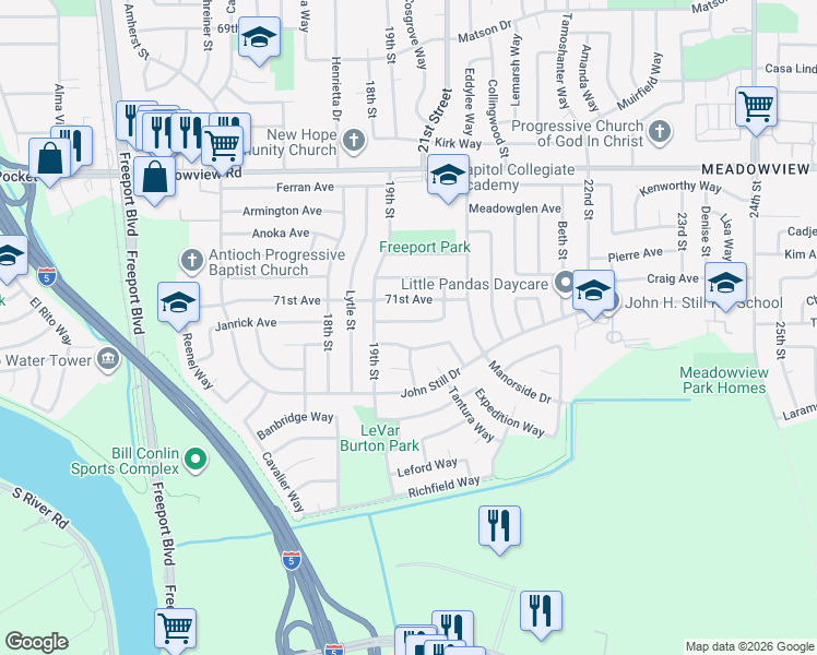 map of restaurants, bars, coffee shops, grocery stores, and more near 2051 Danvers Way in Sacramento