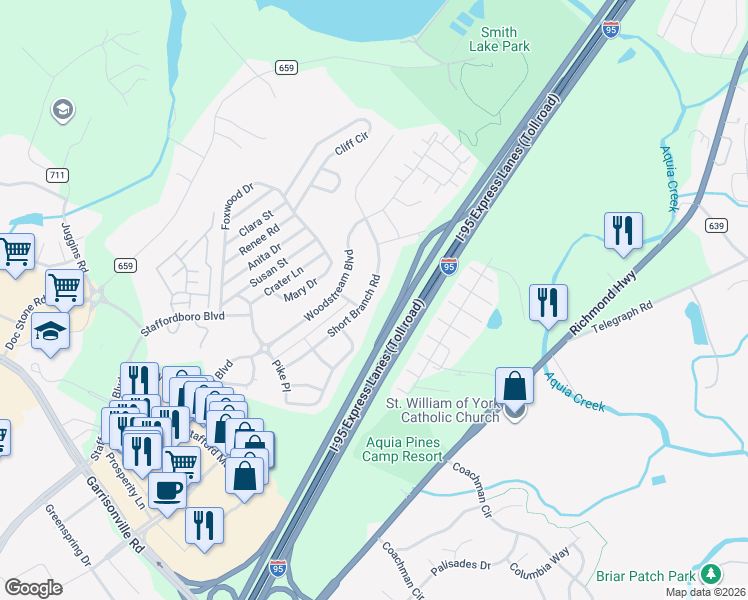 map of restaurants, bars, coffee shops, grocery stores, and more near 90 Short Branch Road in Stafford