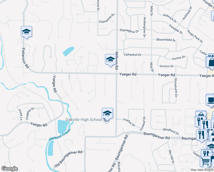 map of restaurants, bars, coffee shops, grocery stores, and more near 5420 Yaeger Court in St. Louis
