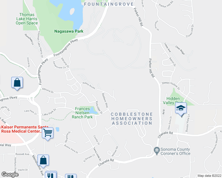 map of restaurants, bars, coffee shops, grocery stores, and more near 3615 Tillmont Way in Santa Rosa