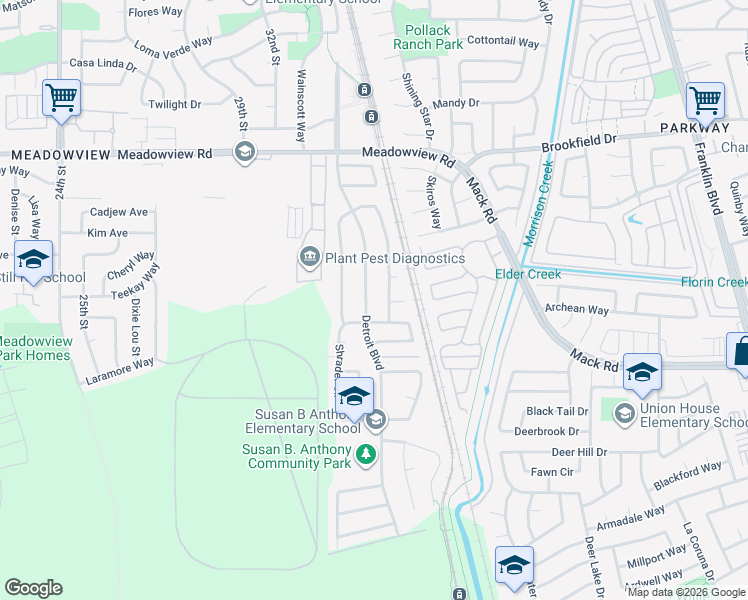 map of restaurants, bars, coffee shops, grocery stores, and more near 7747 Detroit Boulevard in Sacramento