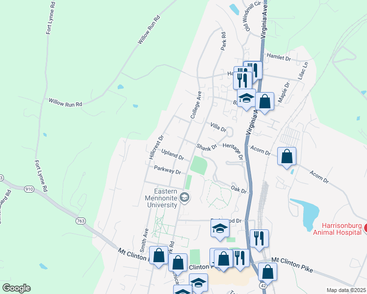 map of restaurants, bars, coffee shops, grocery stores, and more near 1538 College Avenue in Harrisonburg