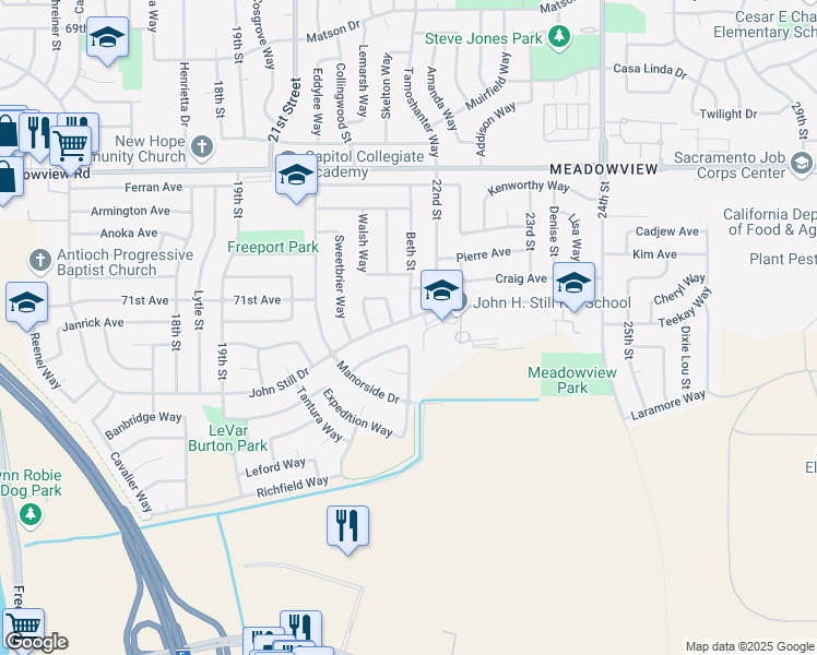 map of restaurants, bars, coffee shops, grocery stores, and more near 2182 John Still Drive in Sacramento