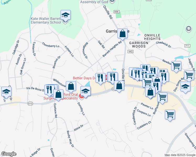 map of restaurants, bars, coffee shops, grocery stores, and more near 611 Madison Court in Stafford