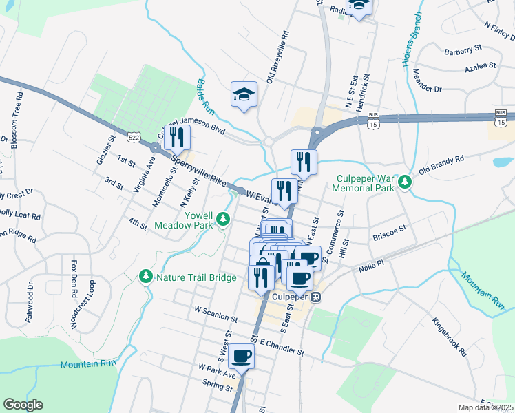 map of restaurants, bars, coffee shops, grocery stores, and more near 210 West Piedmont Street in Culpeper