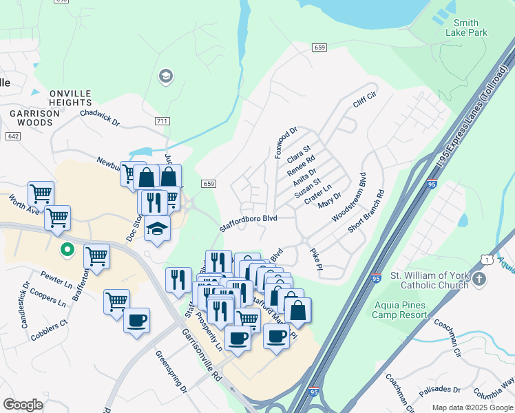 map of restaurants, bars, coffee shops, grocery stores, and more near 202 Dover Place in Stafford