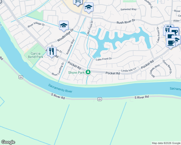 map of restaurants, bars, coffee shops, grocery stores, and more near 8006 Pocket Road in Sacramento