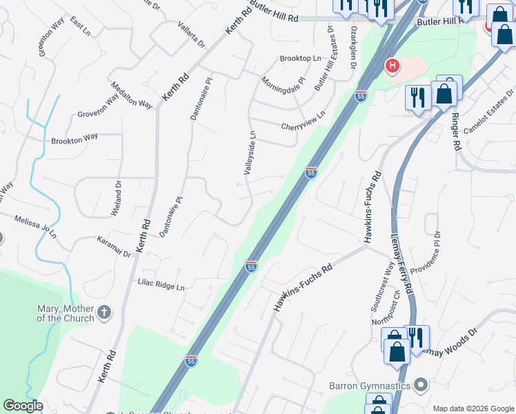 map of restaurants, bars, coffee shops, grocery stores, and more near 5632 Valleyside Ln in St Louis