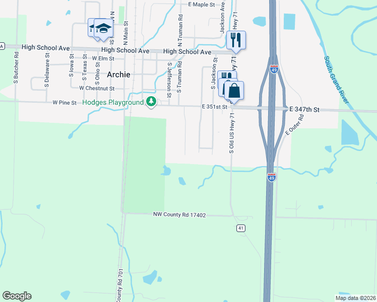 map of restaurants, bars, coffee shops, grocery stores, and more near 527 S Truman Rd in Archie
