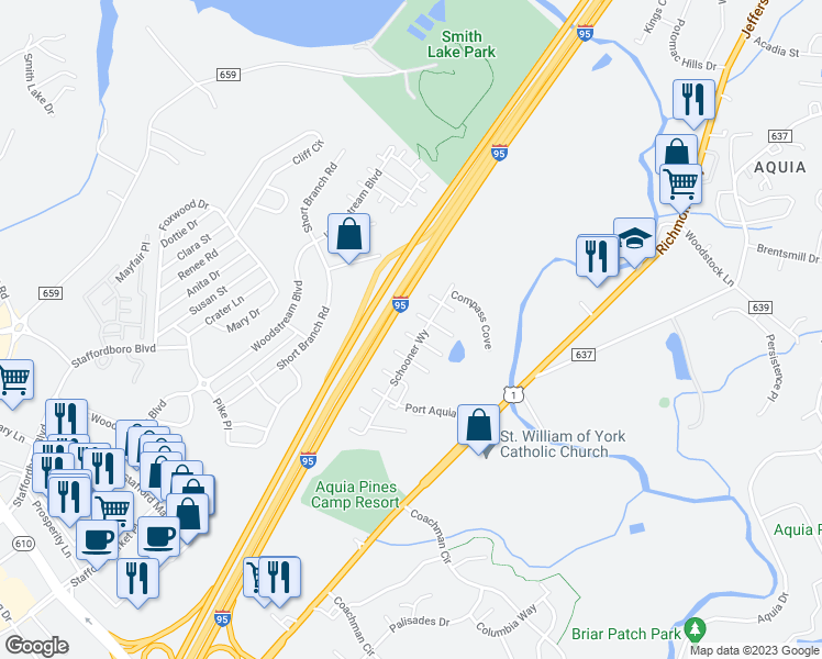 map of restaurants, bars, coffee shops, grocery stores, and more near 108 Sand Dollar Cove in Stafford