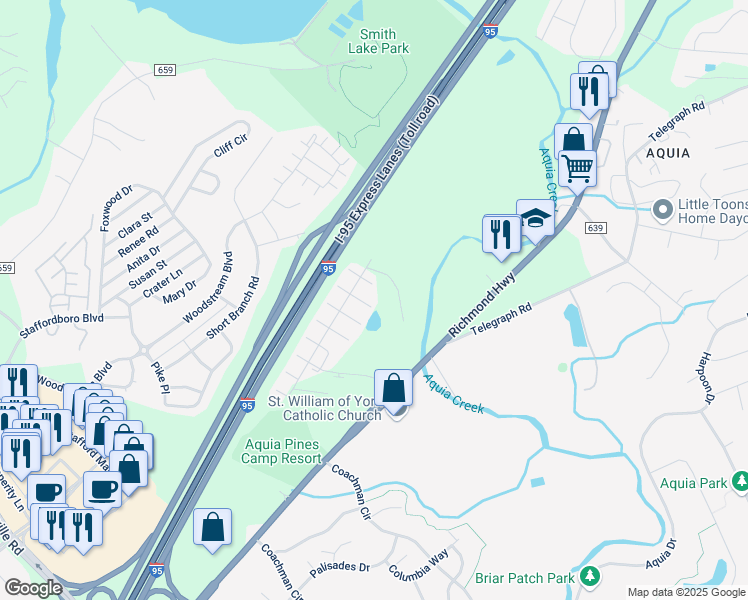 map of restaurants, bars, coffee shops, grocery stores, and more near 203 Spinnaker Way in Stafford