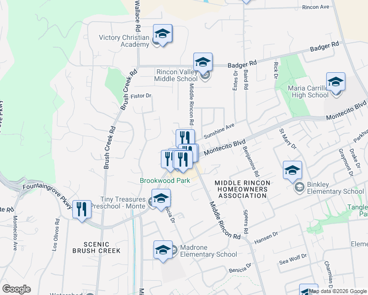 map of restaurants, bars, coffee shops, grocery stores, and more near 250 Mariah Place in Santa Rosa