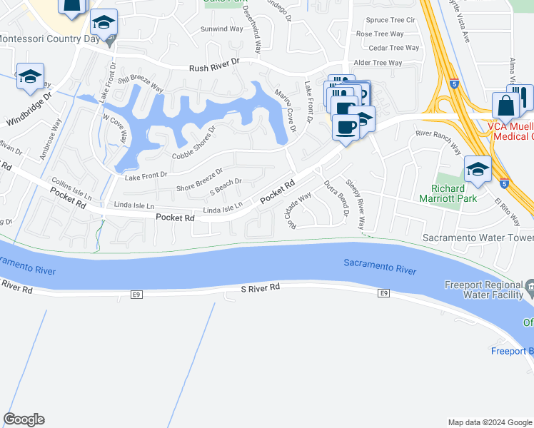 map of restaurants, bars, coffee shops, grocery stores, and more near 1011 Eileen Way in Sacramento