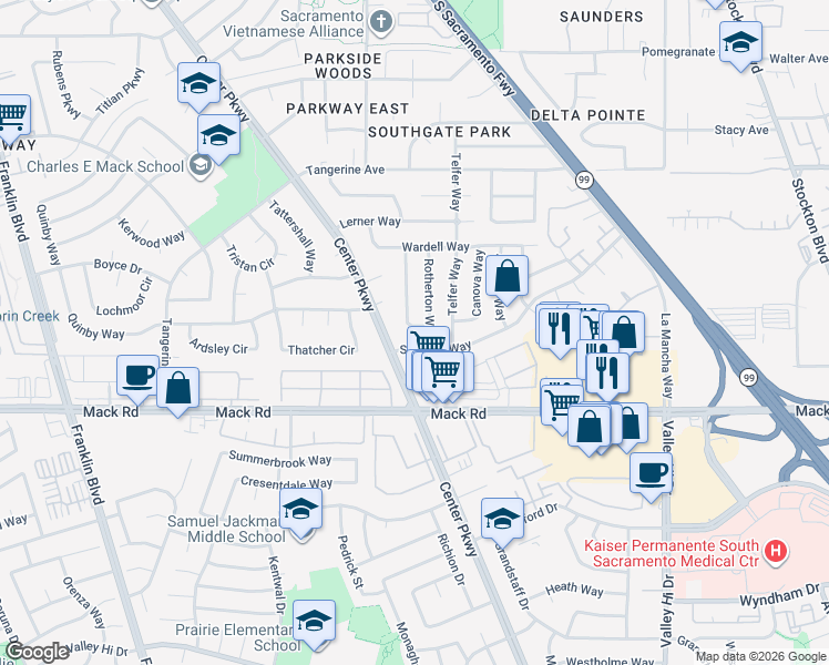 map of restaurants, bars, coffee shops, grocery stores, and more near 7728 Millroy Way in Sacramento