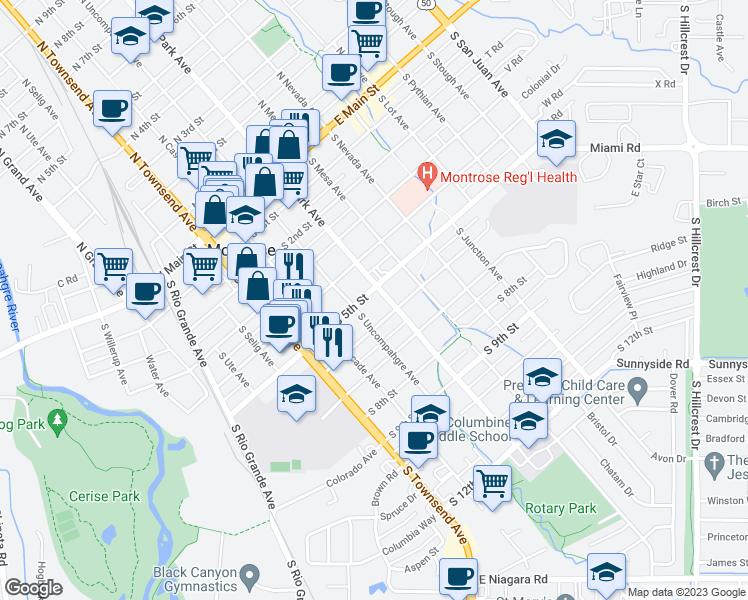 map of restaurants, bars, coffee shops, grocery stores, and more near 500 South Park Avenue in Montrose