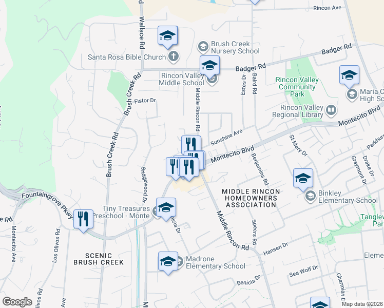 map of restaurants, bars, coffee shops, grocery stores, and more near 845 Middle Rincon Road in Santa Rosa