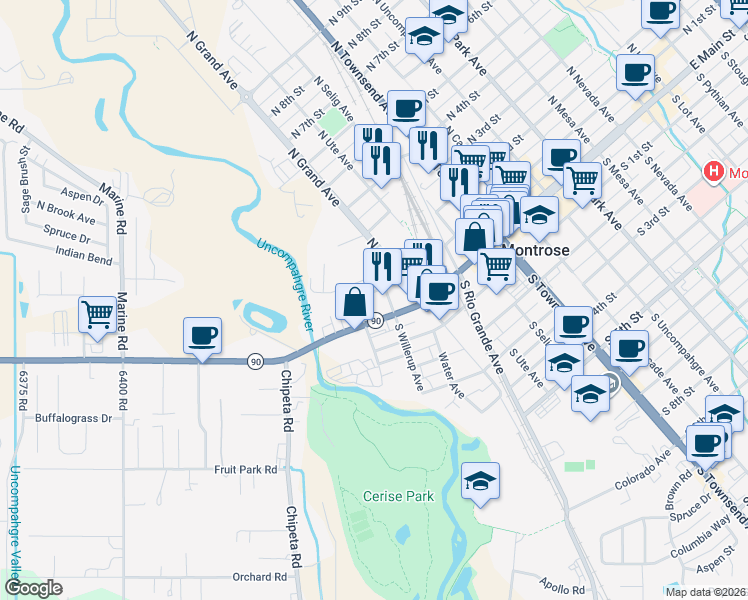 map of restaurants, bars, coffee shops, grocery stores, and more near 226 West North 1st Street in Montrose