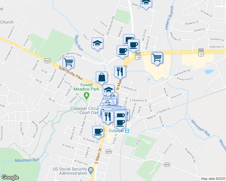 map of restaurants, bars, coffee shops, grocery stores, and more near 136 West Evans Street in Culpeper