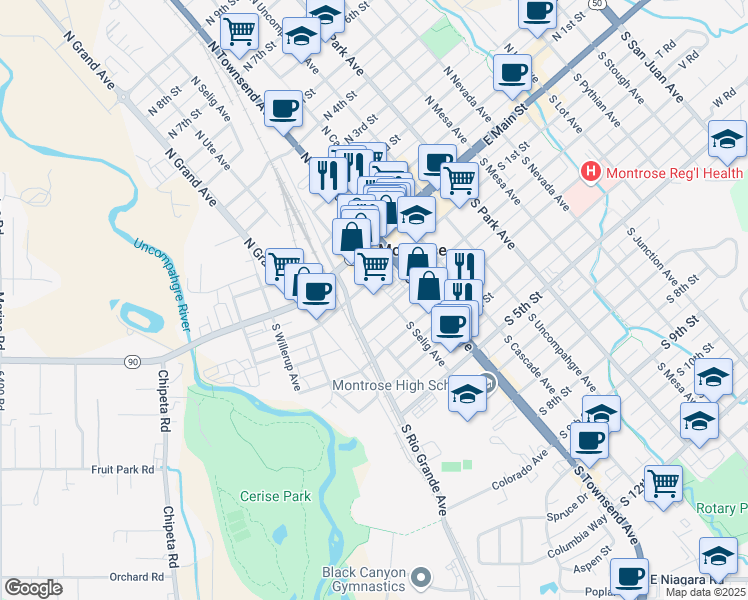 map of restaurants, bars, coffee shops, grocery stores, and more near 128 South Townsend Avenue in Montrose