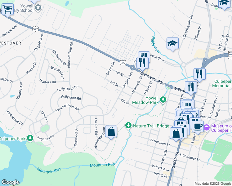 map of restaurants, bars, coffee shops, grocery stores, and more near 314 Dennison Court in Culpeper