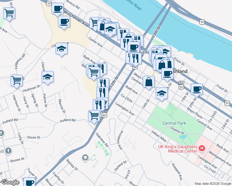 map of restaurants, bars, coffee shops, grocery stores, and more near 1221 Lexington Ave in Ashland