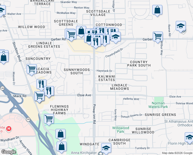 map of restaurants, bars, coffee shops, grocery stores, and more near 7741 Power Inn Road in Sacramento