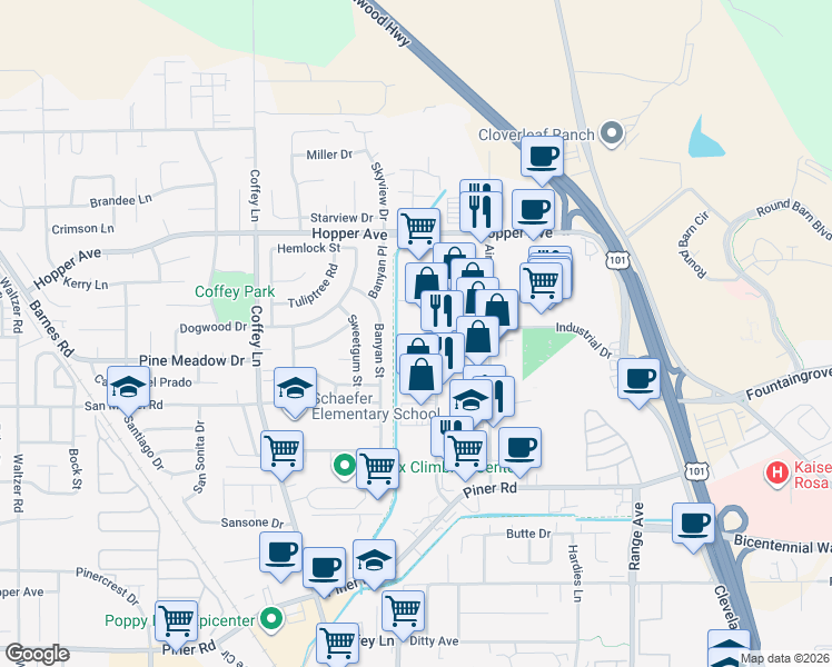 map of restaurants, bars, coffee shops, grocery stores, and more near 3343 Industrial Drive in Santa Rosa