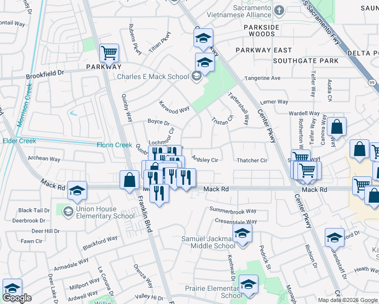 map of restaurants, bars, coffee shops, grocery stores, and more near 6 Ardsley Circle in Sacramento