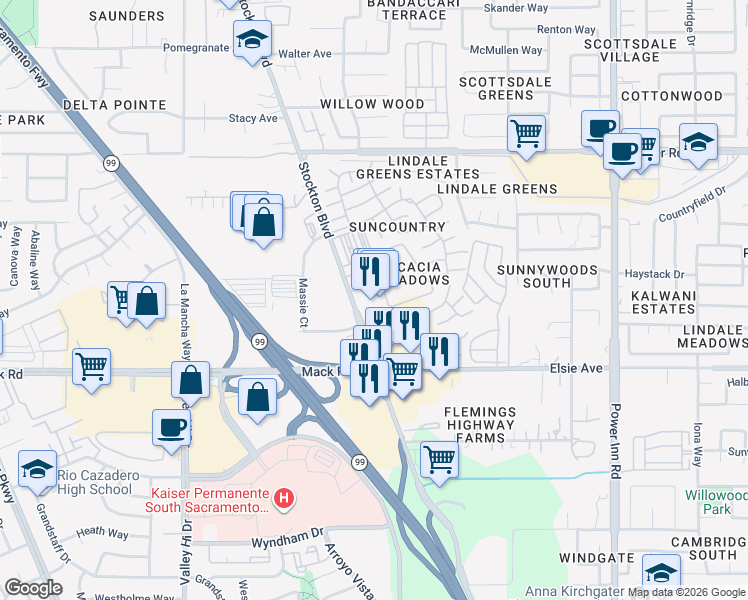 map of restaurants, bars, coffee shops, grocery stores, and more near 7725 Stockton Boulevard in Sacramento
