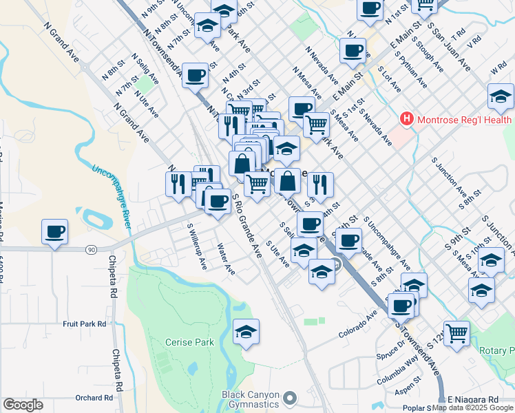 map of restaurants, bars, coffee shops, grocery stores, and more near 128 South Townsend Avenue in Montrose