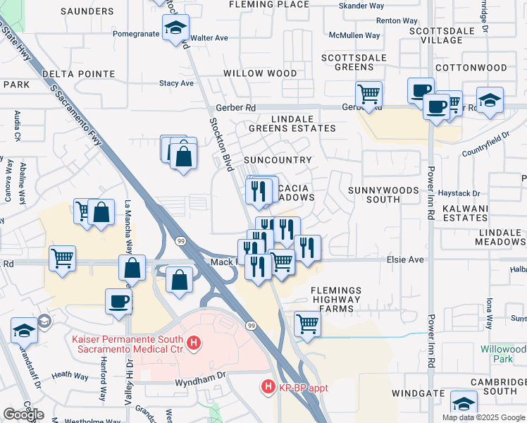 map of restaurants, bars, coffee shops, grocery stores, and more near 7725 Stockton Boulevard in Sacramento