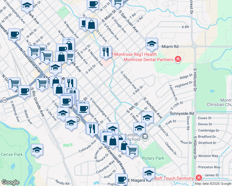 map of restaurants, bars, coffee shops, grocery stores, and more near 649 South 7th Street in Montrose