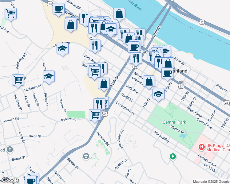 map of restaurants, bars, coffee shops, grocery stores, and more near 1221 Lexington Ave in Ashland