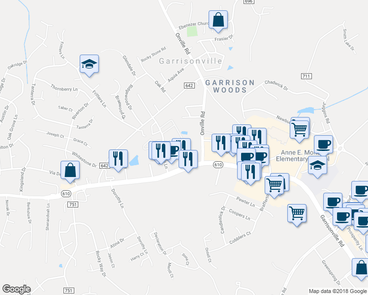 map of restaurants, bars, coffee shops, grocery stores, and more near 392 Garrisonville Road in Stafford