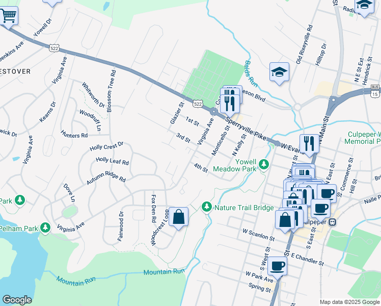 map of restaurants, bars, coffee shops, grocery stores, and more near 338 Dennison Court in Culpeper