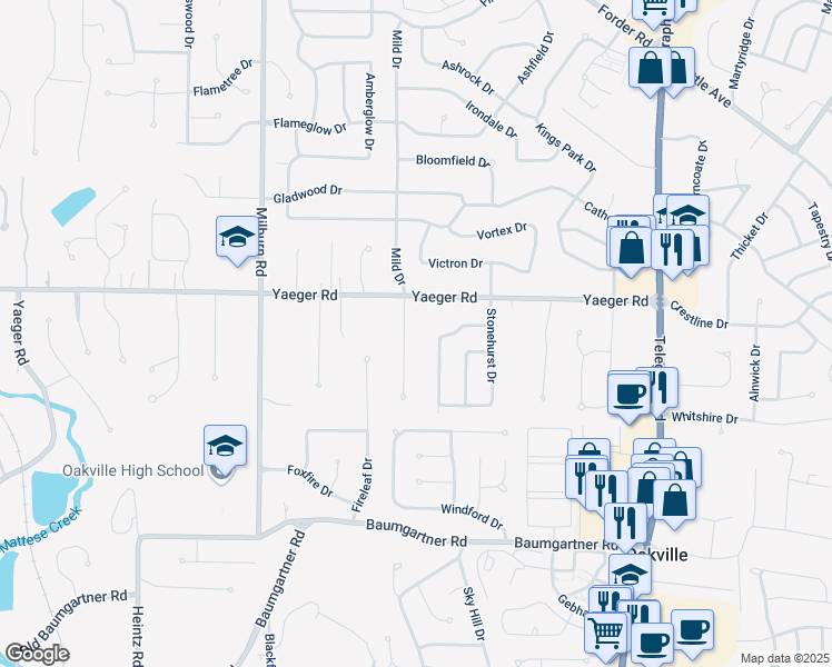 map of restaurants, bars, coffee shops, grocery stores, and more near 5401 Danforth Drive in St. Louis