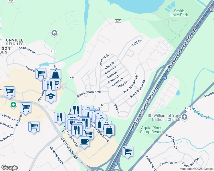map of restaurants, bars, coffee shops, grocery stores, and more near 12 Susan Street in Stafford