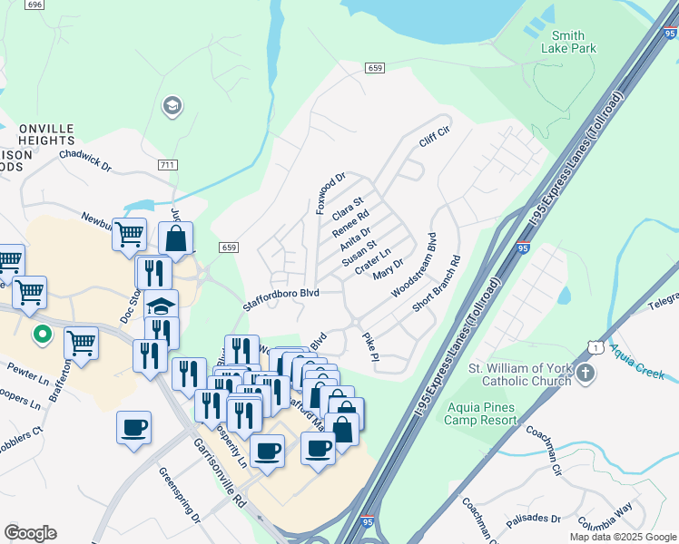 map of restaurants, bars, coffee shops, grocery stores, and more near 12 Susan Street in Stafford