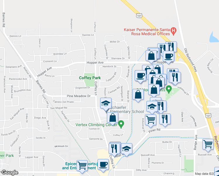 map of restaurants, bars, coffee shops, grocery stores, and more near 1326 Dogwood Drive in Santa Rosa