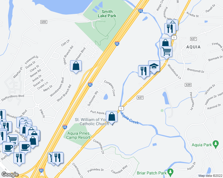 map of restaurants, bars, coffee shops, grocery stores, and more near 100 Compass Cove in Stafford