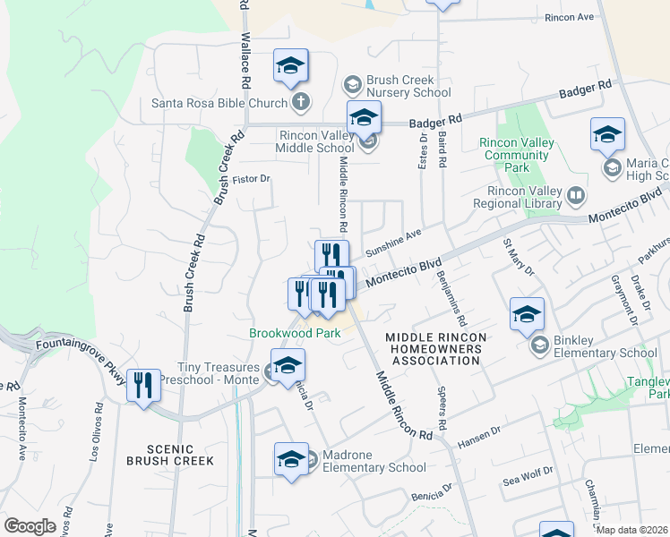 map of restaurants, bars, coffee shops, grocery stores, and more near 855 Middle Rincon Road in Santa Rosa